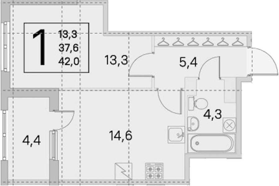 1-комнатная квартира 37.6 м², 5/5 эт., ЖК «ЮгТаун. Олимпийские кварталы»